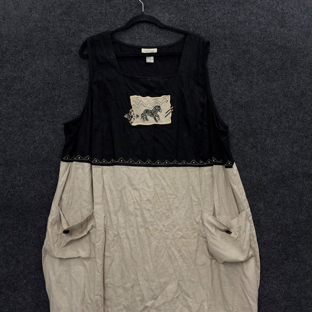 Vintage Studio Ease Woman Zebra Linen Blend Jumper Dress Black Tan 24W F9966WI